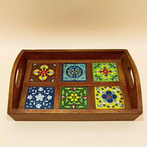 Handcrafted Wooden Serving Tray with Multicolor Fitted Ceramic Tiles
