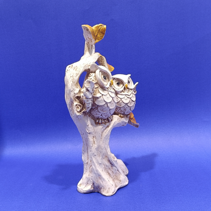 White Resin Owl Pair Sculpture Sitting on a Tree Branch