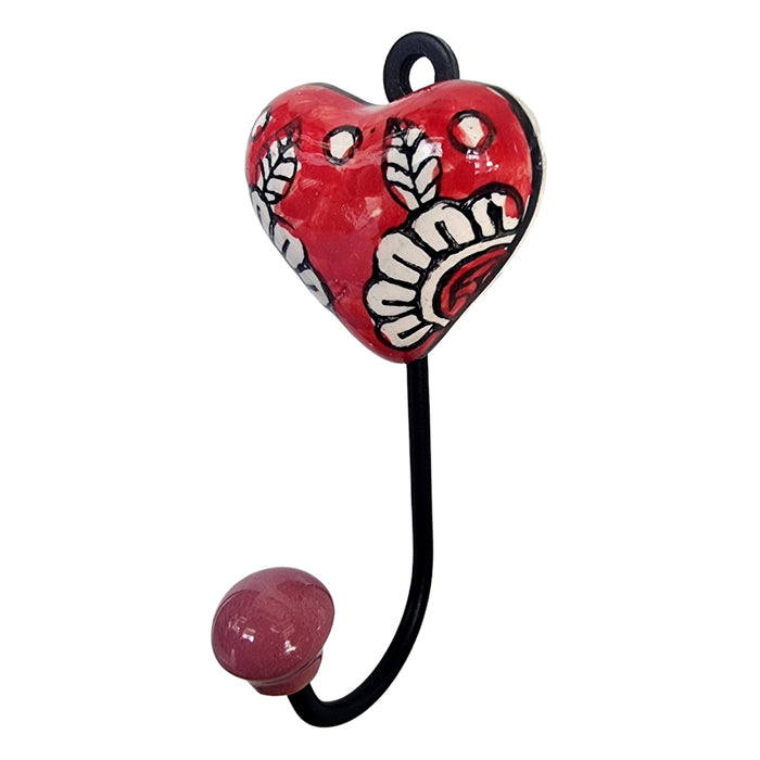 Red Heart Shaped Metal and Ceramic Hook Wall Key Hanger