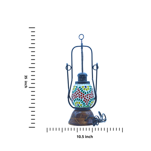 Rustic wooden lantern with mosaic glass design, handcrafted decorative table lamp