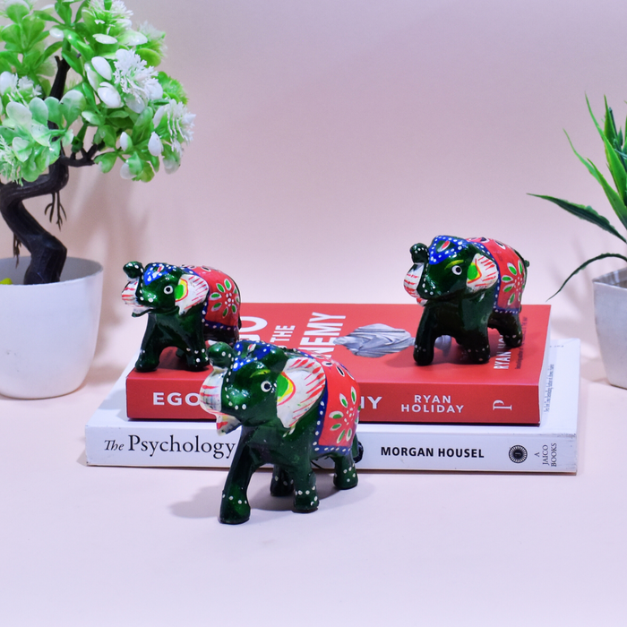 Hand-Painted Fiber Elephant Family Figurines with Floral Design