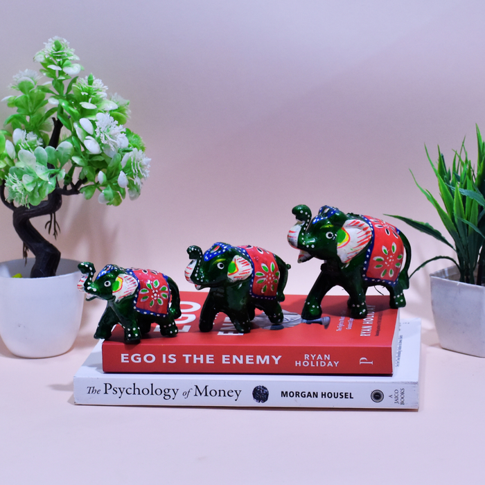 Hand-Painted Fiber Elephant Family Figurines with Floral Design