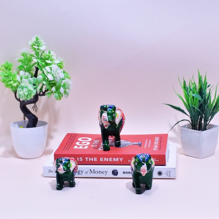 Hand-Painted Fiber Elephant Family Figurines with Floral Design