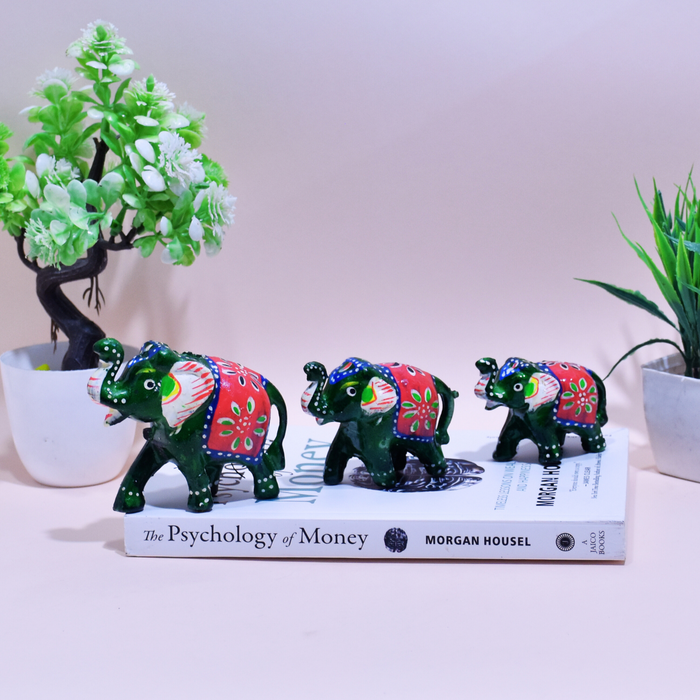 Hand-Painted Fiber Elephant Family Figurines with Floral Design