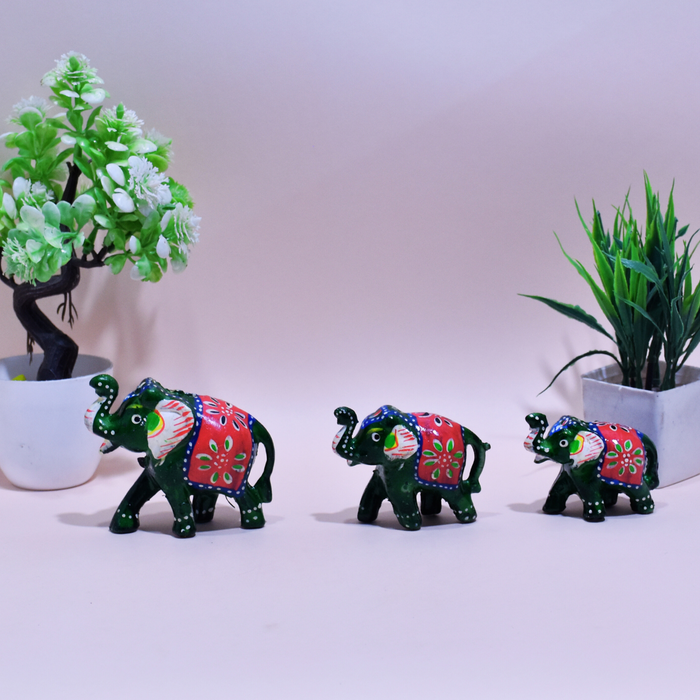 Hand-Painted Fiber Elephant Family Figurines with Floral Design