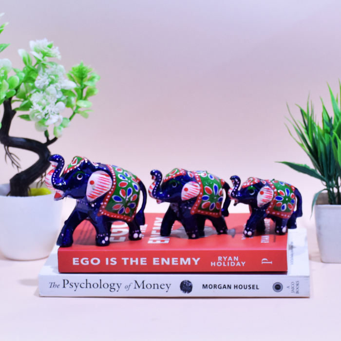 Hand-Painted Fiber Elephant Family Figurines with Floral Design