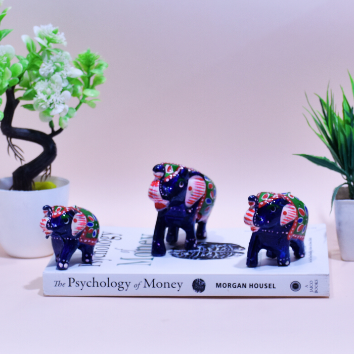 Hand-Painted Fiber Elephant Family Figurines with Floral Design