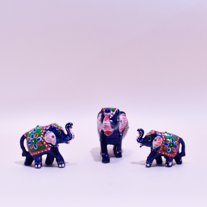 Hand-Painted Fiber Elephant Family Figurines with Floral Design