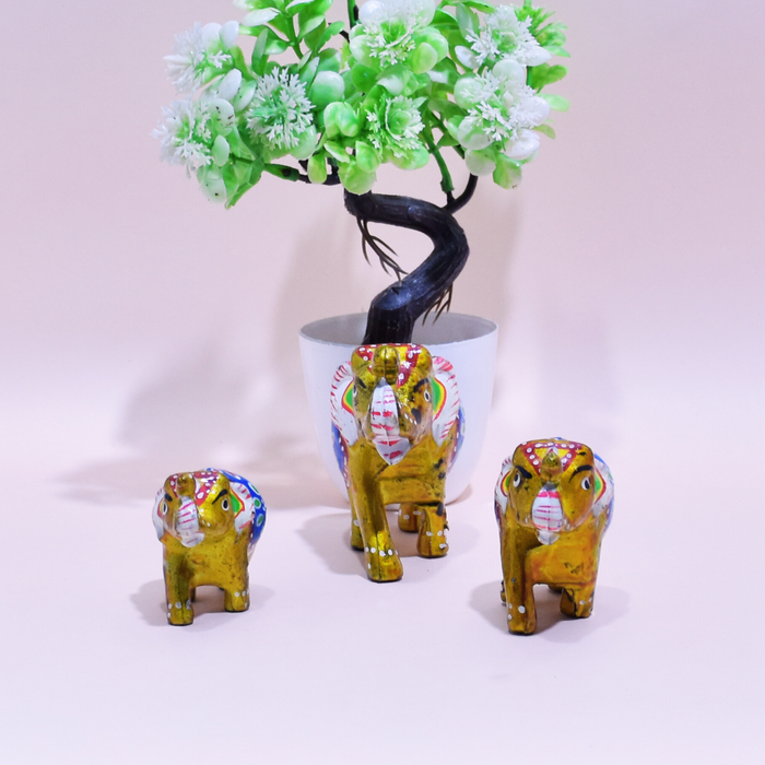 Hand-Painted Fiber Elephant Family Figurines with Floral Design