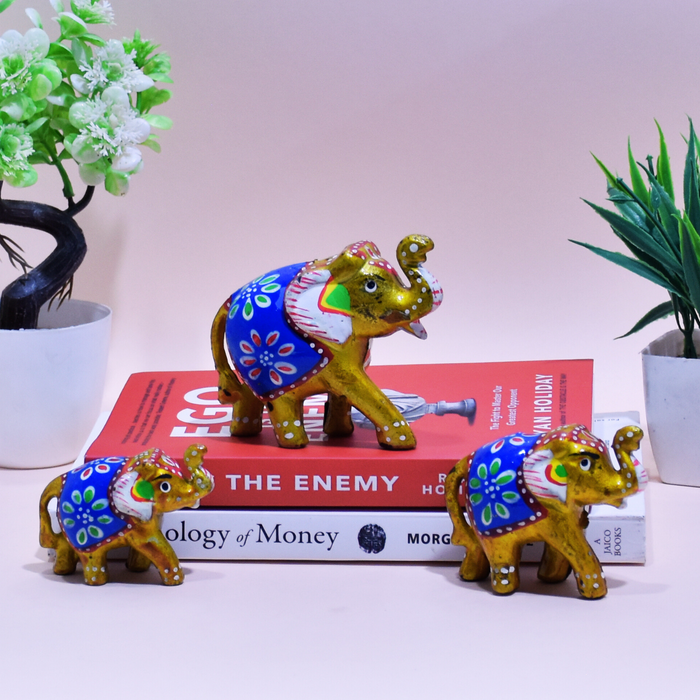 Hand-Painted Fiber Elephant Family Figurines with Floral Design