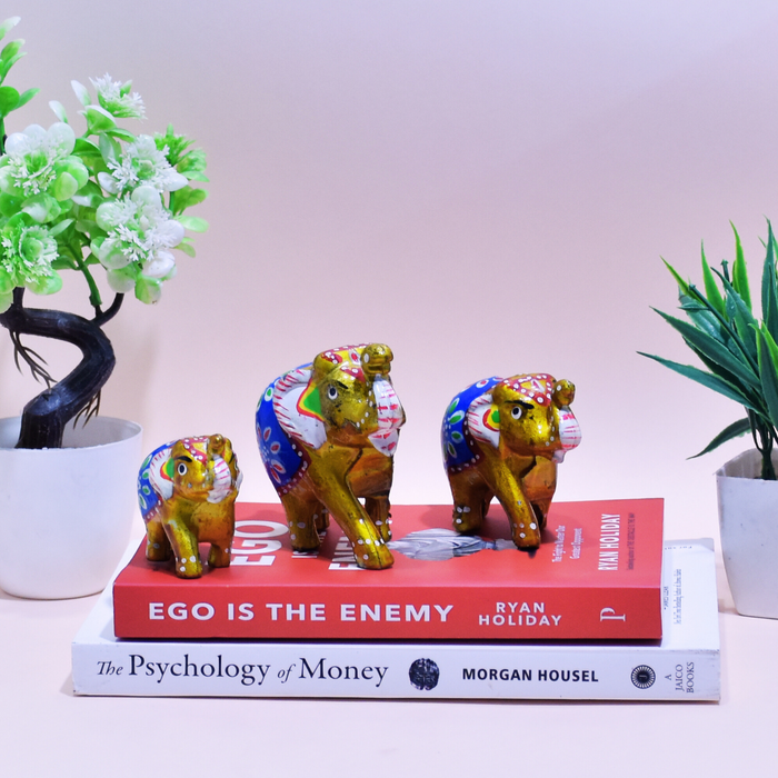 Hand-Painted Fiber Elephant Family Figurines with Floral Design