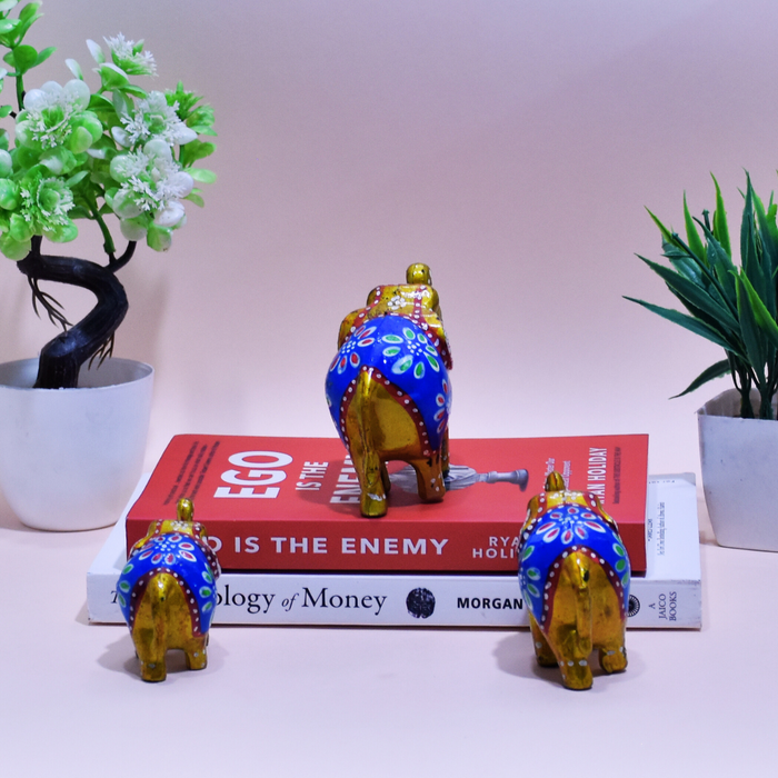 Hand-Painted Fiber Elephant Family Figurines with Floral Design