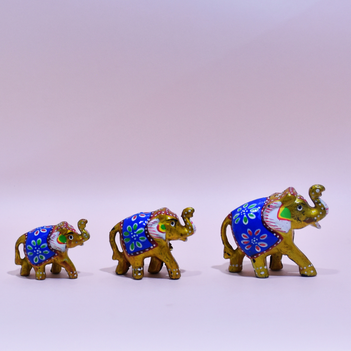 Hand-Painted Fiber Elephant Family Figurines with Floral Design