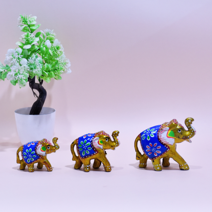 Hand-Painted Fiber Elephant Family Figurines with Floral Design