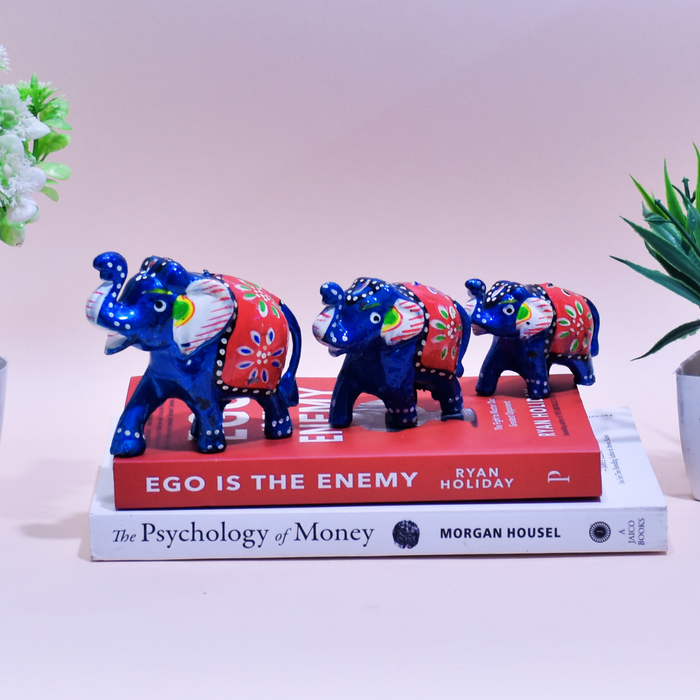 Hand-Painted Fiber Elephant Family Figurines with Floral Design