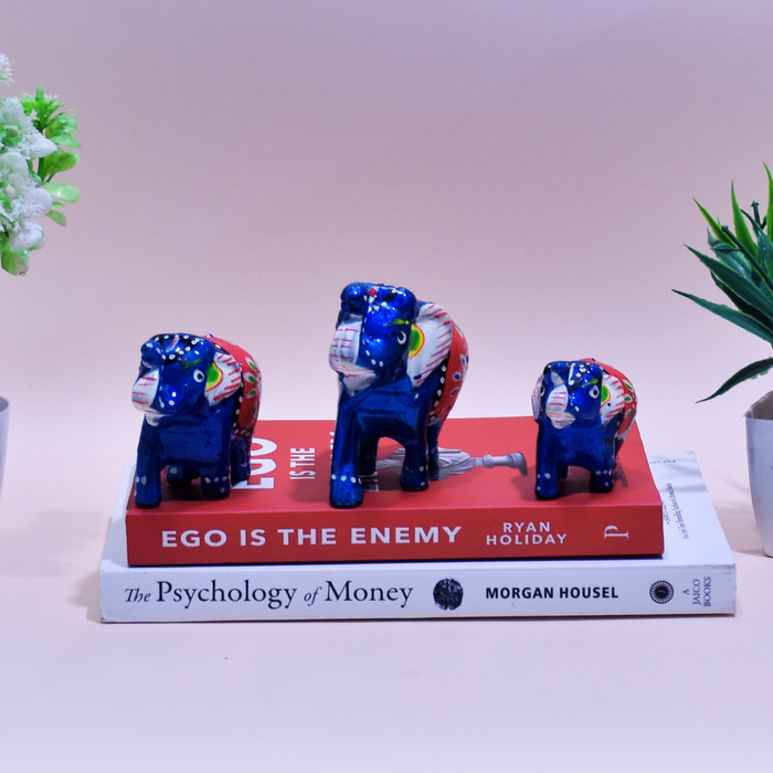 Hand-Painted Fiber Elephant Family Figurines with Floral Design