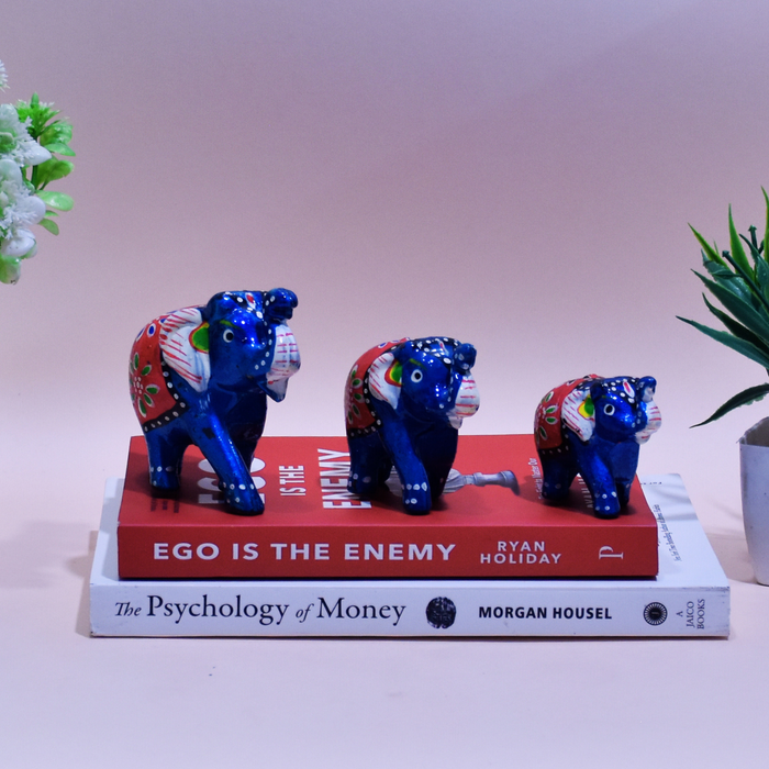 Hand-Painted Fiber Elephant Family Figurines with Floral Design