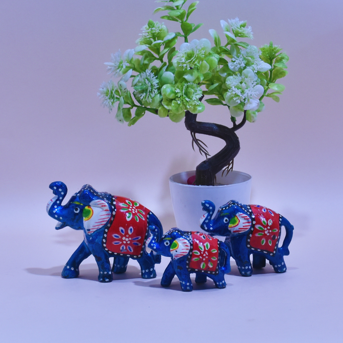 Hand-Painted Fiber Elephant Family Figurines with Floral Design