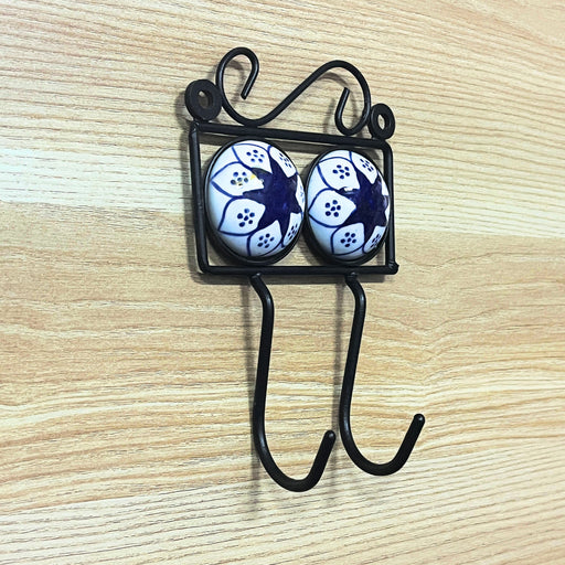 Blue Ceramic & Iron Floral Print Dual Hook Key Holder 1