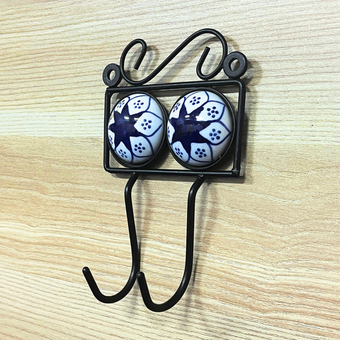 Blue Ceramic & Iron Floral Print Dual Hook Key Holder 20