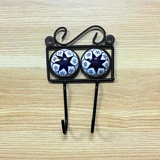 Blue Ceramic & Iron Floral Print Dual Hook Key Holder