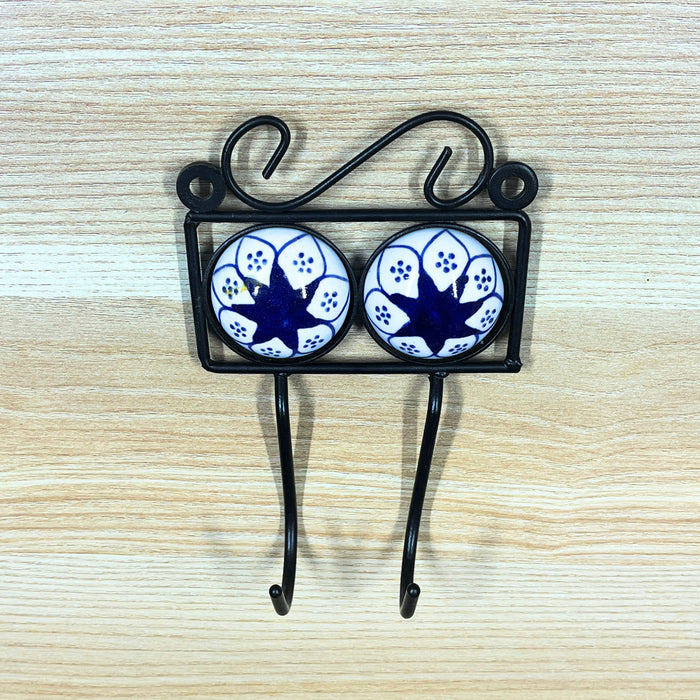 Blue Ceramic & Iron Floral Print Dual Hook Key Holder 7