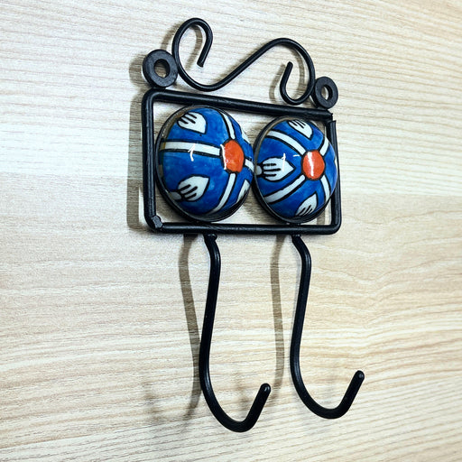 Blue Color Floral Dual Hook Ceramic & Iron Key Holder 1
