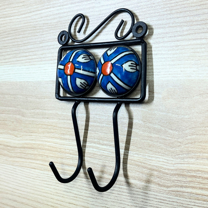 Blue Color Floral Dual Hook Ceramic & Iron Key Holder 2