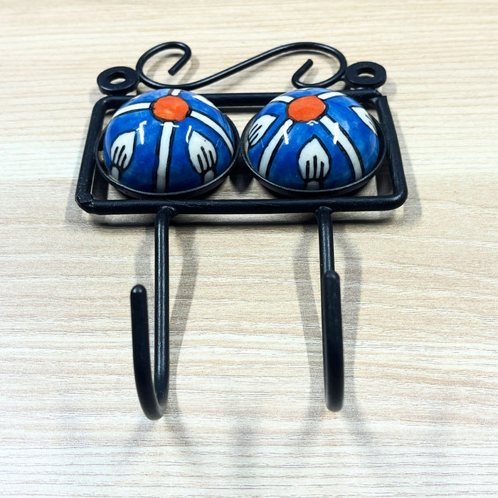 Blue Color Floral Dual Hook Ceramic & Iron Key Holder 3