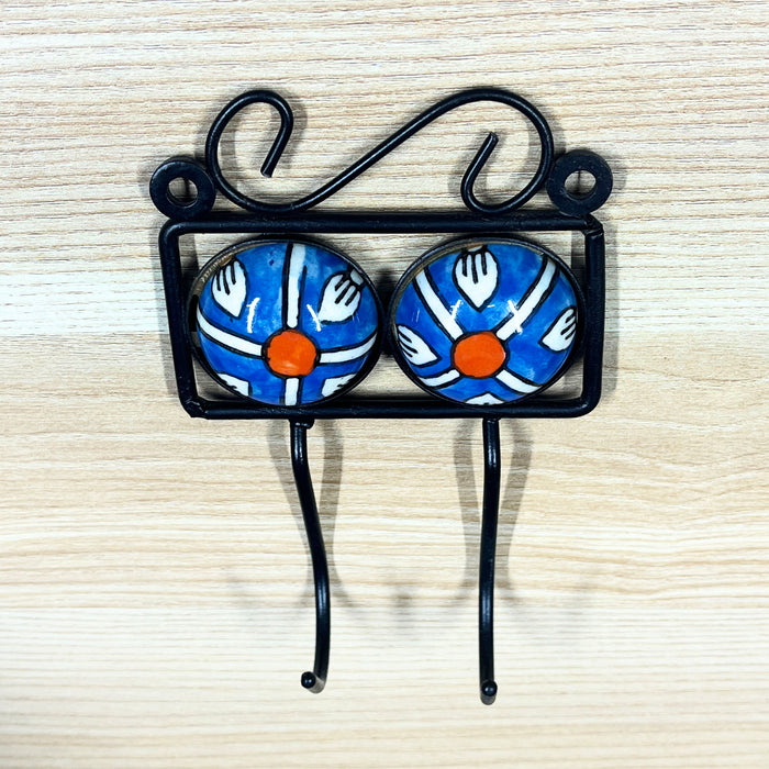 Blue Color Floral Dual Hook Ceramic & Iron Key Holder 4