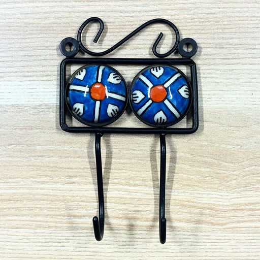 Blue Color Floral Dual Hook Ceramic & Iron Key Holder