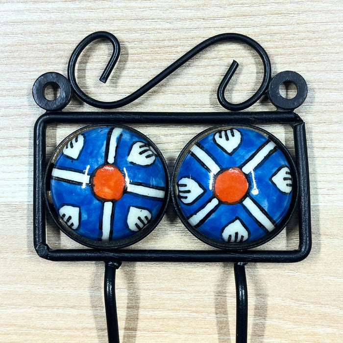 Blue Color Floral Dual Hook Ceramic & Iron Key Holder 5
