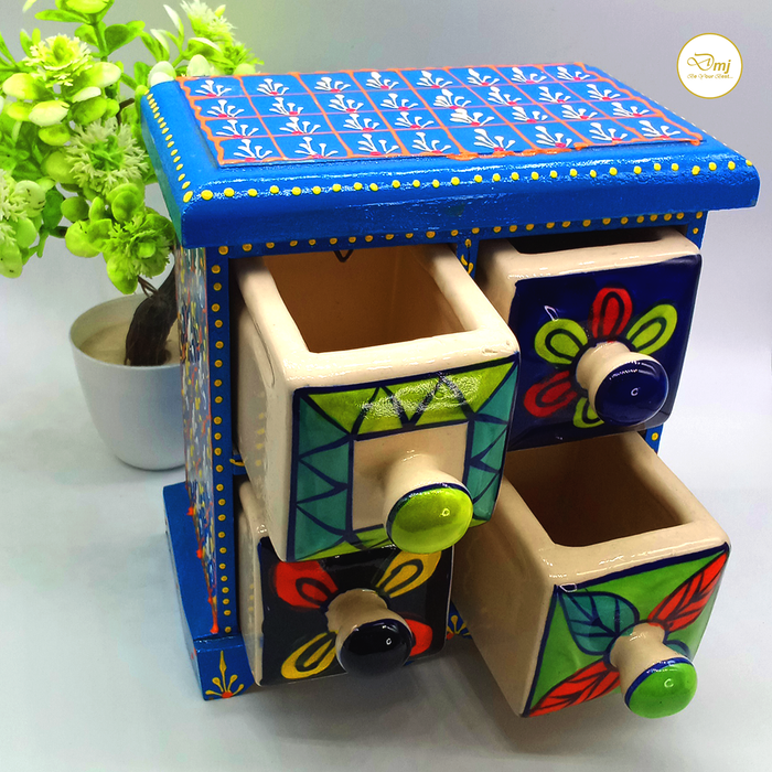 Handcrafted Blue Color Wooden Ceramic Drawer Storage Box
