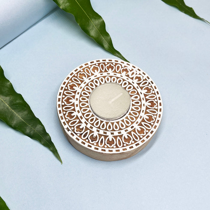 Circular Shaped Handblock Wooden Tea Light Candle Holder 4