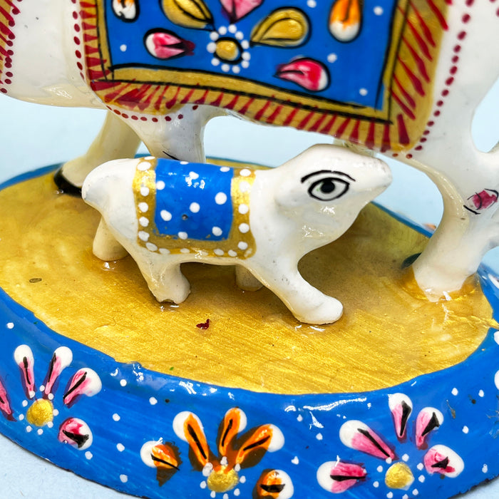 Cow and Calf Meenakari Work Marble Dust Spiritual Puja Idol Sculpture 10