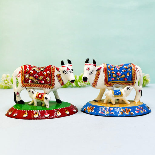 Cow and Calf Meenakari Work Marble Dust Spiritual Puja Idol Sculpture 1