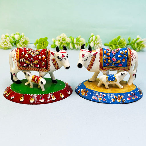 Cow and Calf Meenakari Work Marble Dust Spiritual Puja Idol Sculpture