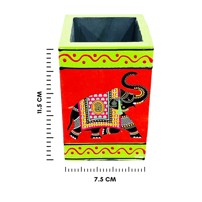 Handcrafted Rajasthani Elephant Painting Wooden Pen Stand – Red & Green