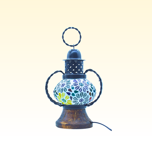 Artistic handcrafted wooden mosaic table lamp with stained glass panels