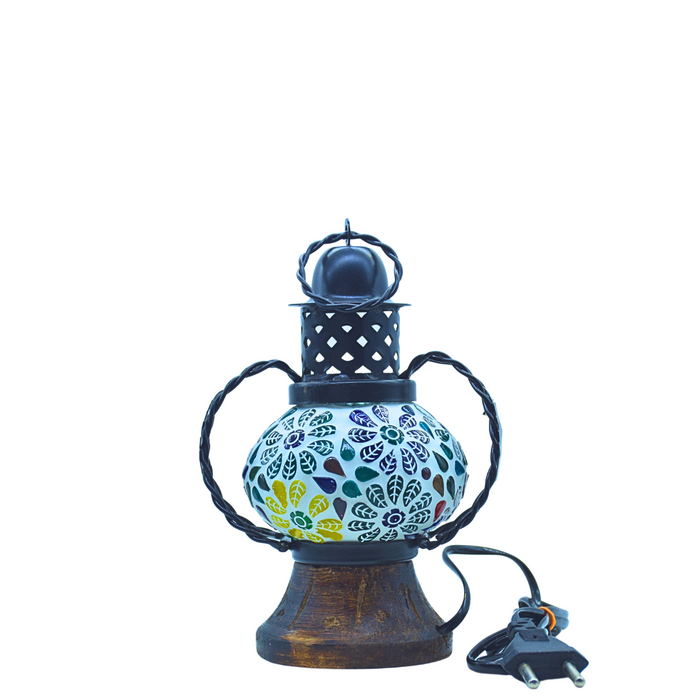 Decorative wooden mosaic lamp with floral glass patterns for living room décor