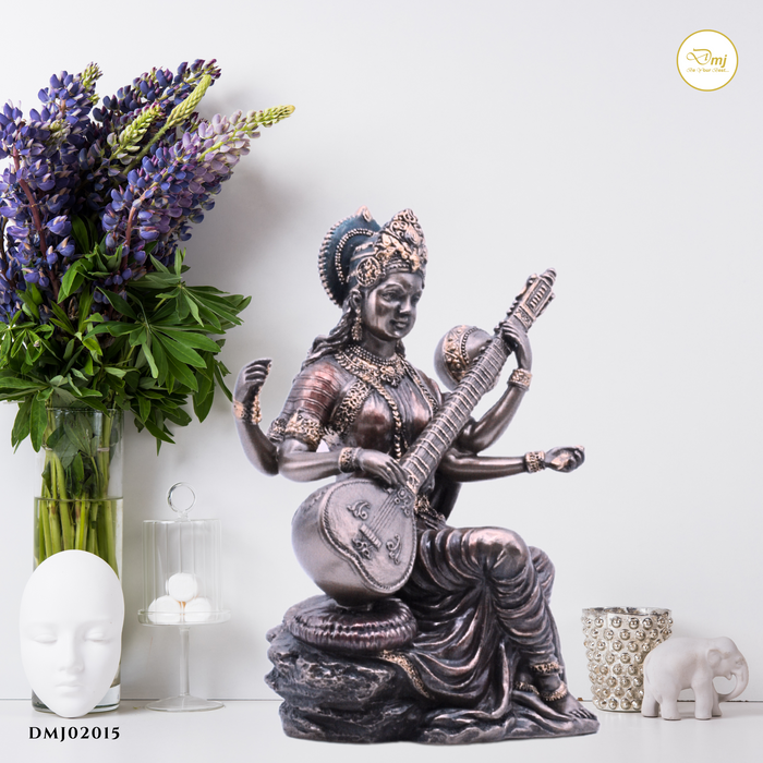 Handcrafted Copper Finish Goddess Saraswati Idol Statue Online