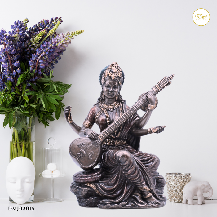 Handcrafted Copper Finish Goddess Saraswati Idol Statue Online