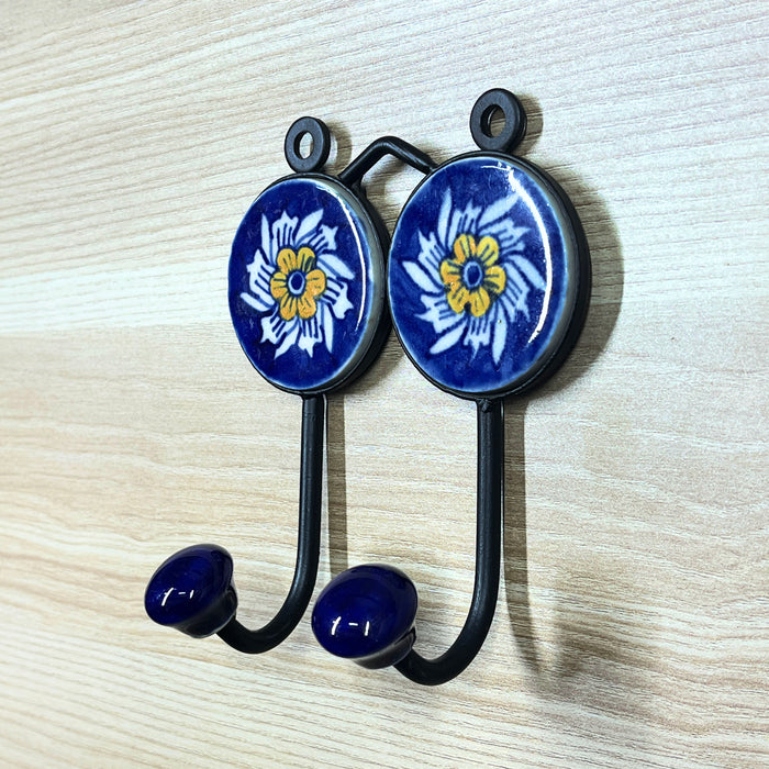 Floral Print Blue Ceramic & Iron Dual Hook Key Holder 2