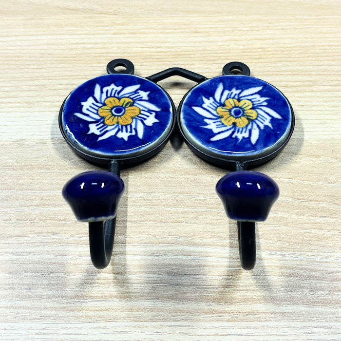 Floral Print Blue Ceramic & Iron Dual Hook Key Holder 3