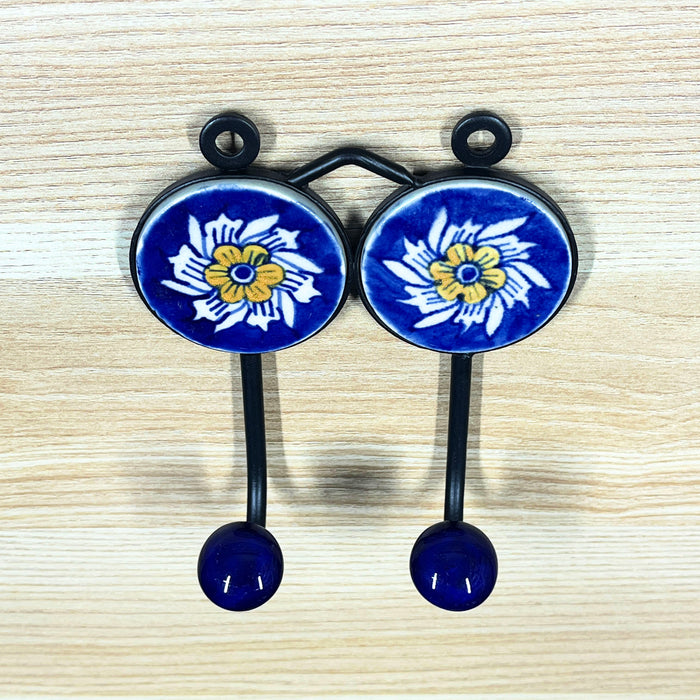 Floral Print Blue Ceramic & Iron Dual Hook Key Holder 4