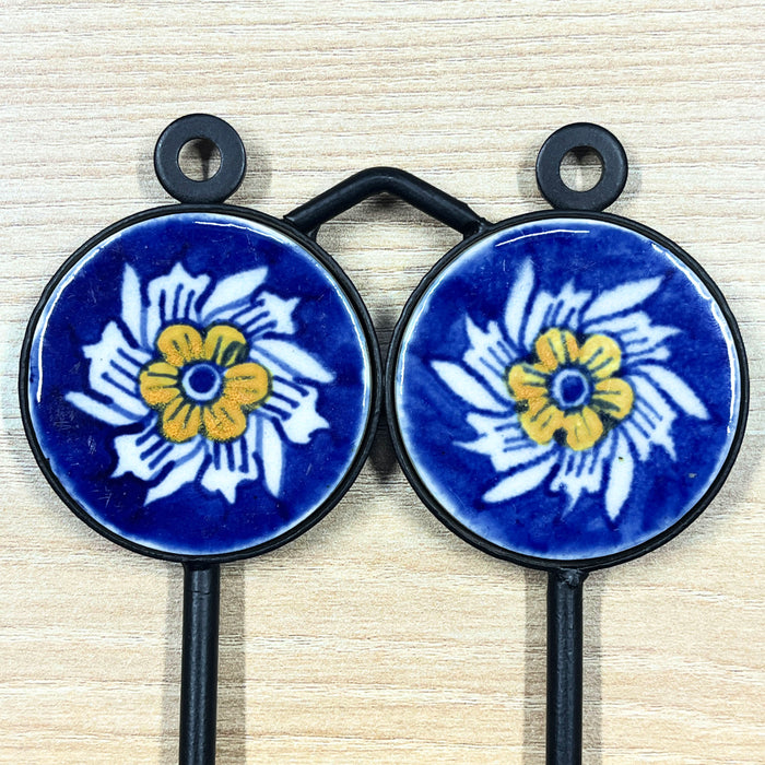 Floral Print Blue Ceramic & Iron Dual Hook Key Holder 5