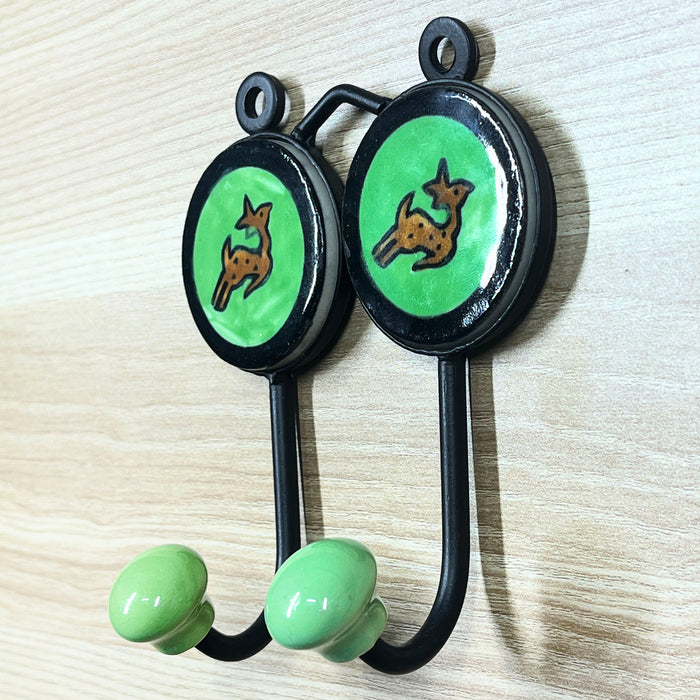 Green Color Deer Print Dual Hook Ceramic & Iron Key Holder 2