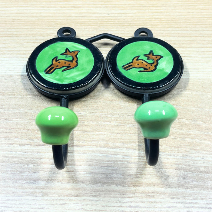 Green Color Deer Print Dual Hook Ceramic & Iron Key Holder 5