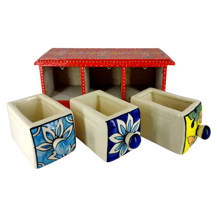 Handcrafted 3 Drawer Wooden Ceramic Storage Box