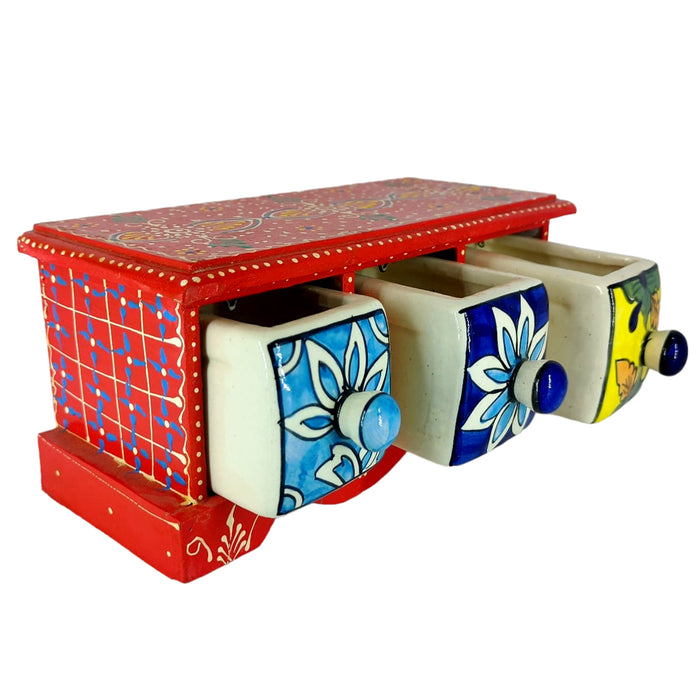 Handcrafted 3 Drawer Wooden Ceramic Storage Box